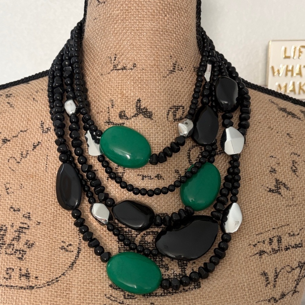 Chico's Black and Green Multi-Strand Statement Necklace